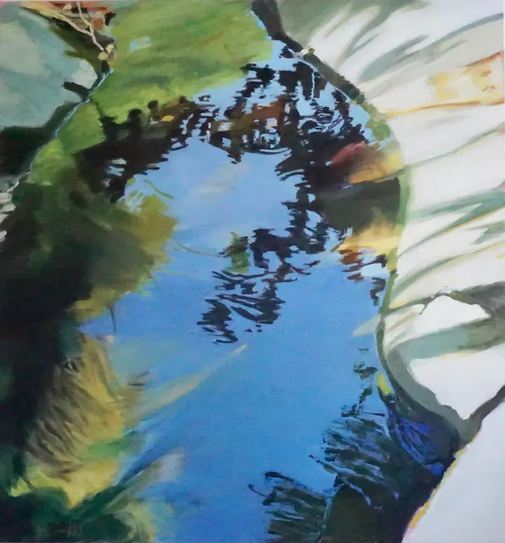 Herta Müller Illuminated Details, 2018 Öl auf Leinwand 160 x 150 cm © VG Bild-Kunst, Bonn 2022 im Gewässer gespiegelte Äste