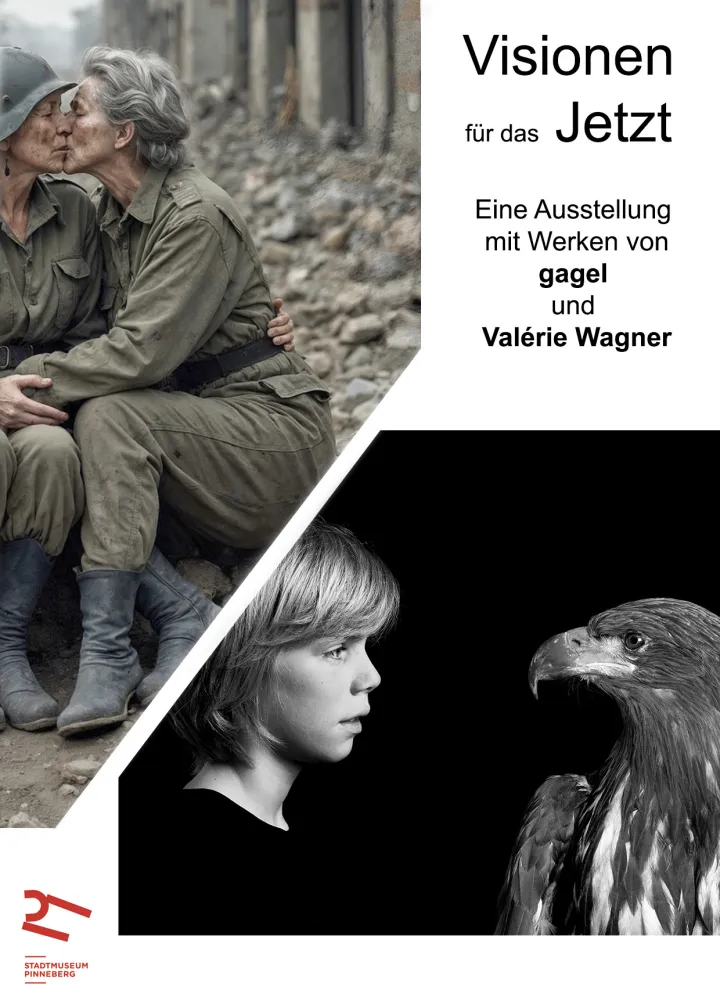 Zwei Fotografien: eine zeigt Soldatinnen in einer Trümmerlandschaft, die sich küssen, das andere einen Jungen, der einem Seeadler in die Augen schaut.