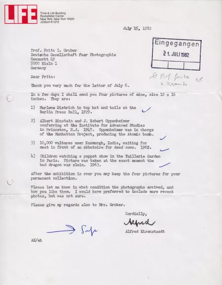 Brief von Alfred Eisenstaedt an L. Fritz Gruber vom 15. Juli 1982