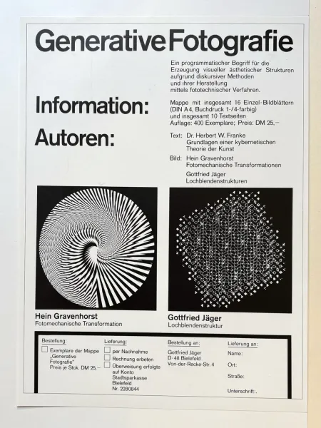 Das erste Werbeblatt zur Generativen Fotografie, 1969. Text und Gestaltung: Hein Gravenhorst und Gottfried Jäger, gedruckt in der Buchdruckwerkstatt der Werkkunstschule Bielefeld