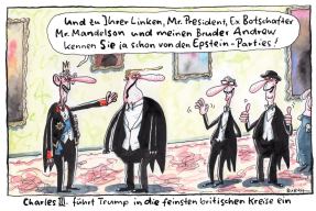 Rückblende 2025, 3. Preis Karikatur Burkhard Fritsche Charles III führt Trump in die feinsten britischen Kreise ein, Taz , 19.09.2025